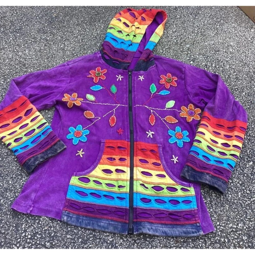Rising International Patchwork Razor Cut Purple Boho Floral Zip Up Hoodie M